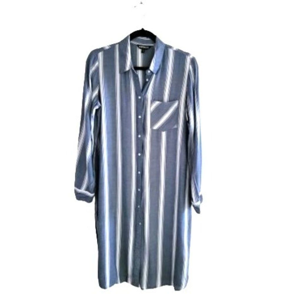 Express Womens Top Blue M Shirt Dress Striped Boyfriend Button Up Long Sleeve